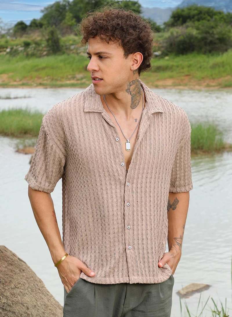 CAHOOT  Men's Peanut Brown Striped Knit Oversized Shirt For Casual Wear | Cuban Collar | Short Sleeve | Button Closure | Oversized Shirt Crafted With Comfort Fit For Everyday Wear for Men | Best Price UAE